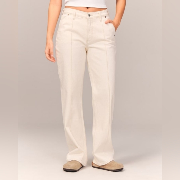 Abercrombie & Fitch Denim - Abercrombie & Fitch The Baggy Mid Rise Jeans Bone White Straight Leg Sz 29 Short